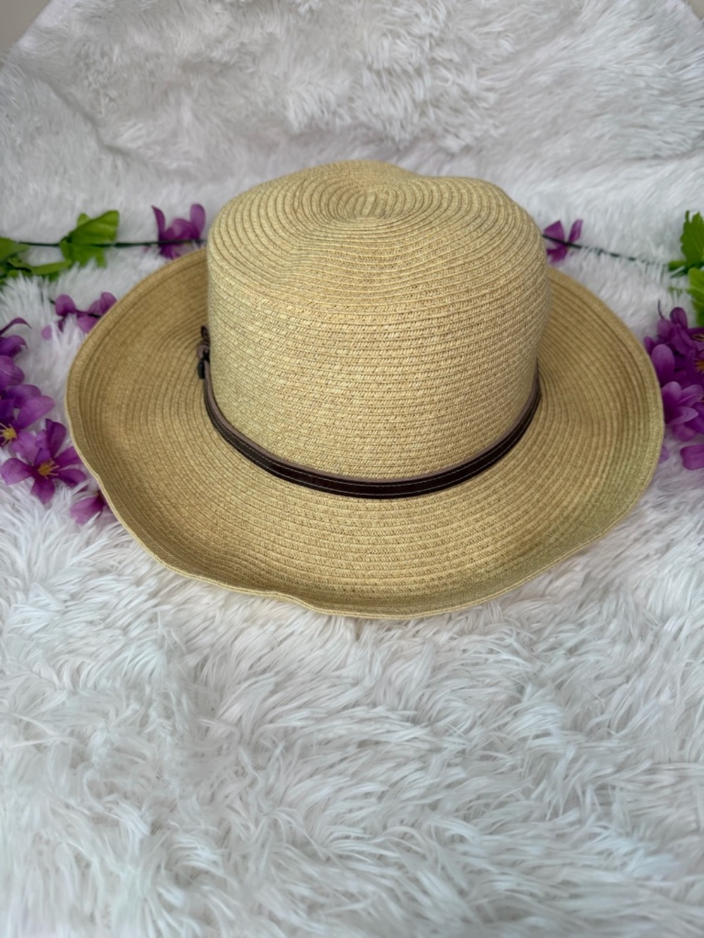 Nine West Beige Straw Sun Hat with Brown Band